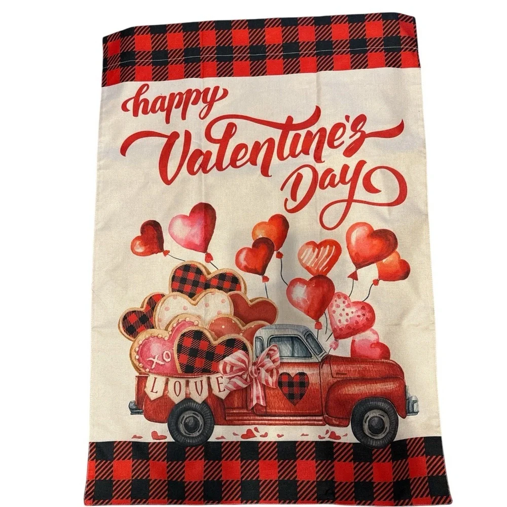 Briarwood Lane Happy Valentine’s Day House Flag Red Truck Hearts 28x40 Plaid